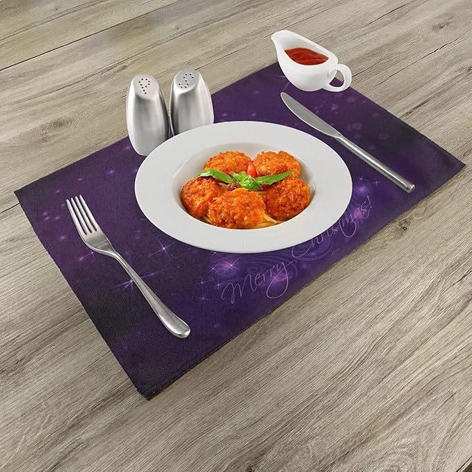 Ambesonne Dark Purple Place Mats Set of 4, Merry Christmas Calligraphy Under a Xmas Tree Illustration Vibrant and Romantic, Washable Fabric Placemats for Dining Table, Standard Size, Fuchsia