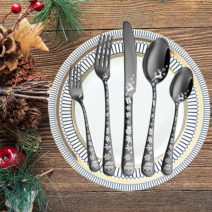 Vilihkc Christmas Style Silverware Set,20 Piece Stainless Steel Flatware Set, Kitchen Utensil Set Service for 4,Tableware Cutlery Set for Home and Restaurant,Dishwasher Safe