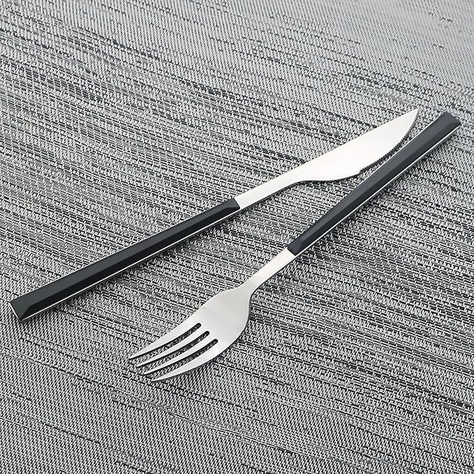 30pcs Modern Handle Flatware Set, Stainless Steel Cutlery Set Include Knife/Fork/Spoons, Mirror Polish, Service for 6 (Black Silver)