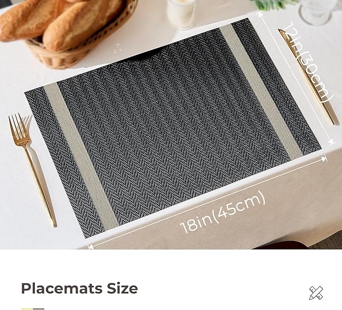 Leetaltree Sparkling Black Vinyl Woven Placemats Set of 12 - Washable Dining Table Place Mats Striped, Suitable for Wedding, Anniversary, Daily Use