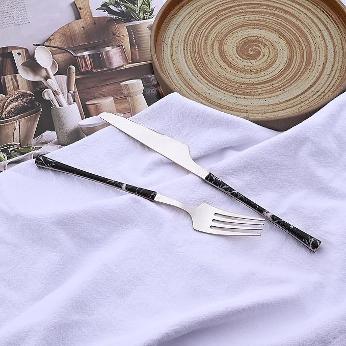 24PCS Silverware Set 18/0 Stainless Steel Flatware Set for 6 Includes 6 Dinner Knife/6 Dinner Fork/6 Dinner Spoon/6 Teaspoon Mirror Polished Cutlery for Home - Black Silver Eating Utensils