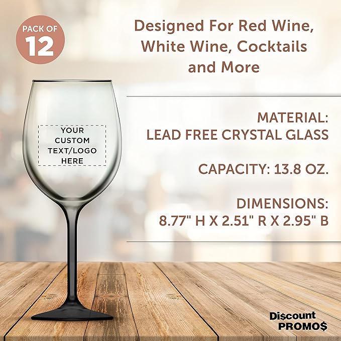 Custom Wine Glasses 14 oz. Set of 12, Personalized Bulk Pack - Restaurant Glassware, Perfect for Red Wine, White Wine, Cocktails and More - Black