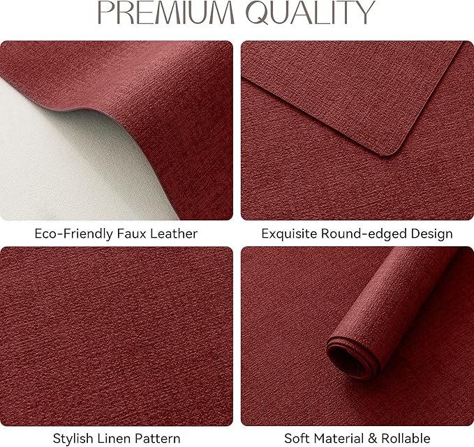 Romanstile Vinyl Placemats Set of 6-12 X 17 Inch - Faux Leather 100% Waterproof Oil-Proof Wipeable Place Mats, Heat Resistant Reversible PU Table Mats for Kitchen Dining Party Outdoor, Red