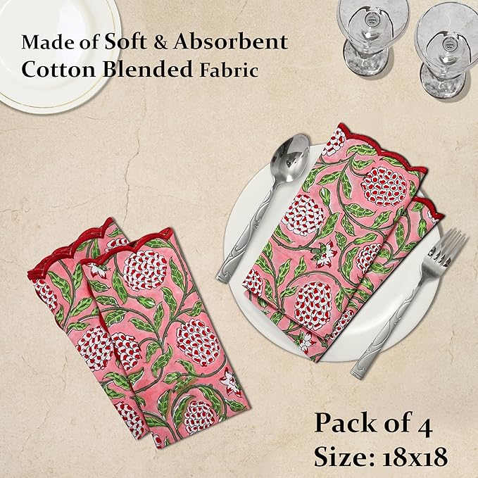 Ridhi Hand Block Print Strawberry Pink 18" x 18" (Set of 4) Embriodery Table Napkins Reusable Cotton Dinner Napkins for Weddings, Parties, Everyday Dining Gift for Spring, Easter, Valentine