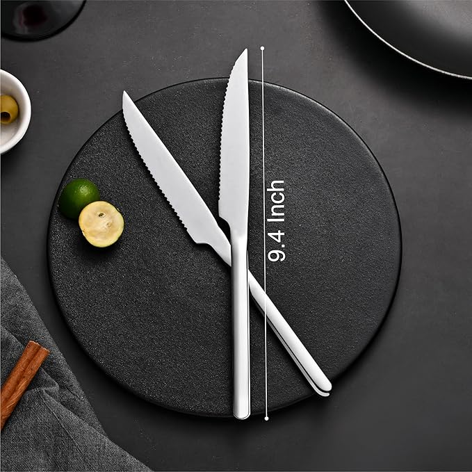 KINGSTONE Sharp Steak Knives, German Stainless Steel Steak Knife Set of 8 with Full-Serrated Blade, 9.4-Inch Sleek Design Table Knives, Mirror Polished