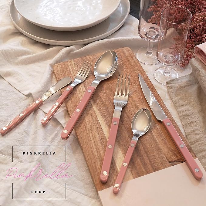 6-Piece Stainless Steel Flatware Silverware Cutlery Set - Color Handle with Rivet/Retro Style - Includes Dinner Knife; Dinner Fork; Salad Fork; Soup Spoon; Teaspoon; Spreader (PINK)