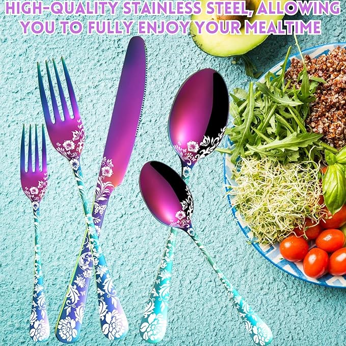 Vilihkc 20 piece Peony Flower Pattern Design Silverware Set, Stainless Steel Flatware Set Service for 4,Colorful Cutlery Set, Mirror Polished Utensil Set for Kitchen, Dishwasher Safe