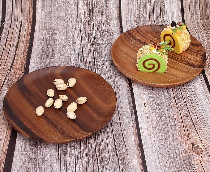 Ayiaren 2 Psc Decorative Acacia Wood Salad Plates Round Charcuterie Boards Snack Appetizer Dessert Plate Wooden Cheese Serving Board Kitchen Dishe Platter for Foood Party Small Charger Dinner Plates