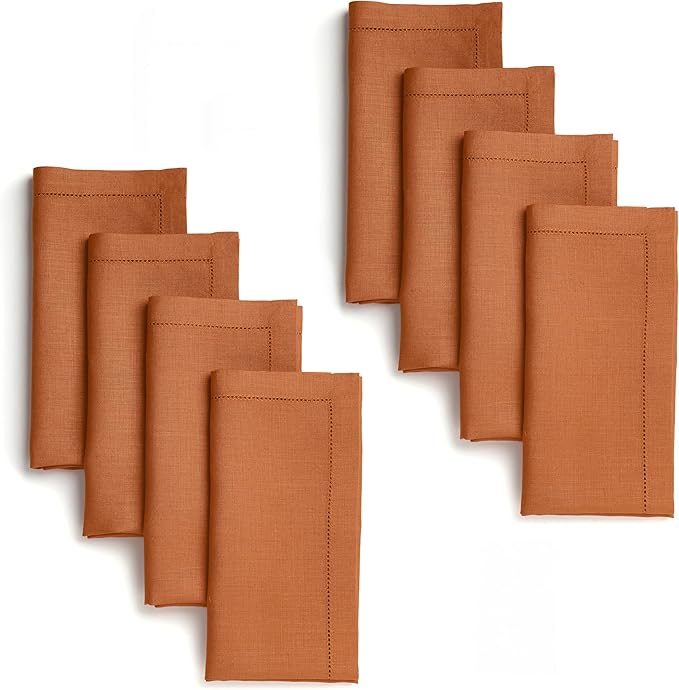 D'Moksha Homes Rust Linen Napkins Set of 8 - Classic Hemstitch 100% Pure Linen Hemstitch Dinner Napkins 20 x 20 Inch for Winter, Christmas, Holiday, New Year - Handcrafted and Machine Washable