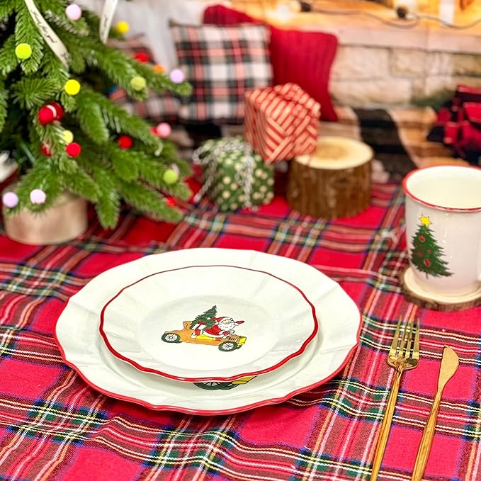 DOMINI 16-Piece Christmas Ceramic Kitchen Dinnerware Set, Service for 4, Porcelain Dishes Dinner Set with Dinner Plates, Dessert Plates,cups and Pasta Bowls,Round-White Christmas