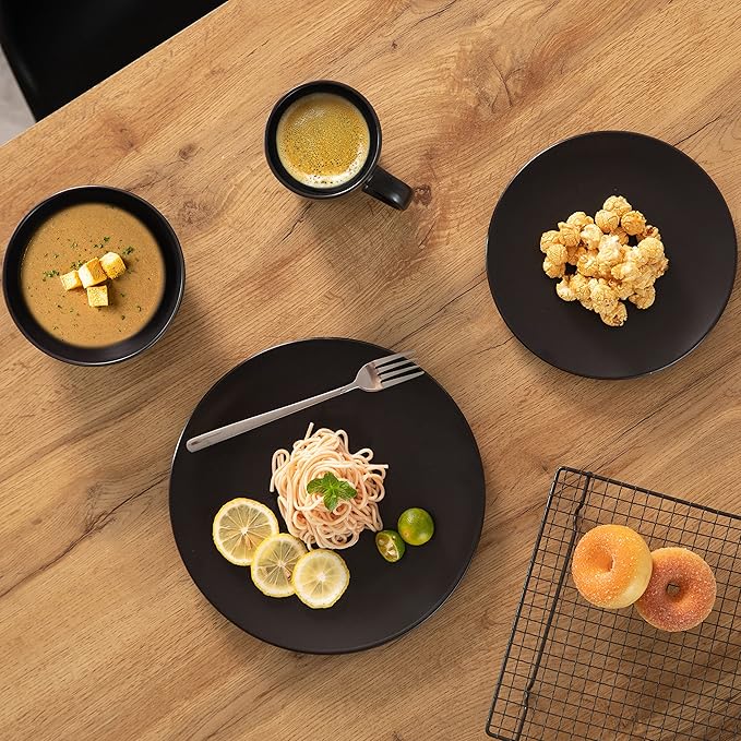 Rimmed Dinnerware Set | Mugs, Salad and Dinner Plates and Bowls Sets, Dishes with Highly Chip and Crack Resistant, Dishwasher and Microwave Safe (Black, Service For 8)