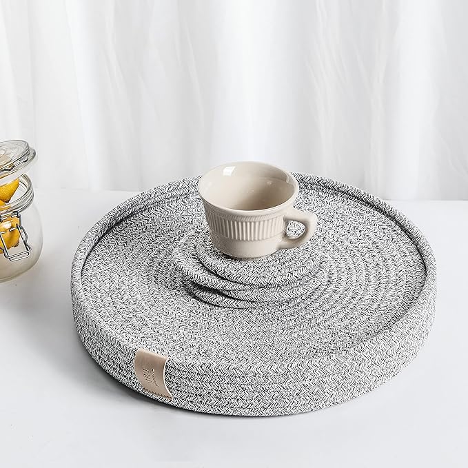 Art PineCone's Woven Cotton Rope Round Placemats Set of 4 with Holder Included, Non-Slip, and Heat Resistant Shabby Chic Placemats (Heather Gray, 13 inch Plus Coaster)