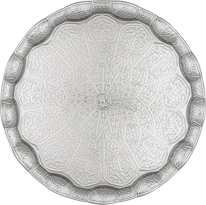 Alisveristime Turkish Ottoman Coffee Tea Serving Tray – 13.60 inches, Metal with Traditional Motifs, Available in Five Colors (Gray)