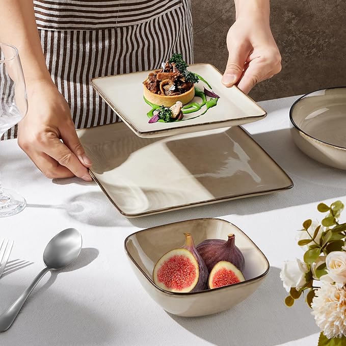 E-far Square Dinnerware Sets for 8, 24-Piece Stoneware Plates and Bowls Dishes Set, Reactive Glaze Porcelain Dishware Sets, Chip & Scratch Resistant, Microwave & Dishwasher Safe, Sandy Beige
