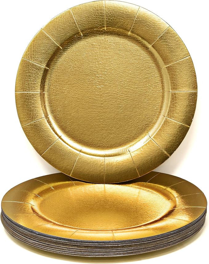 Gift Boutique 24 Disposable Gold Round Charger Plates 13 Dinner Table Serving Tray Heavy Duty Reusable Paper Cardboard Platters for Table Setting Placemats Cupcake Dessert Birthday Parties Weddings
