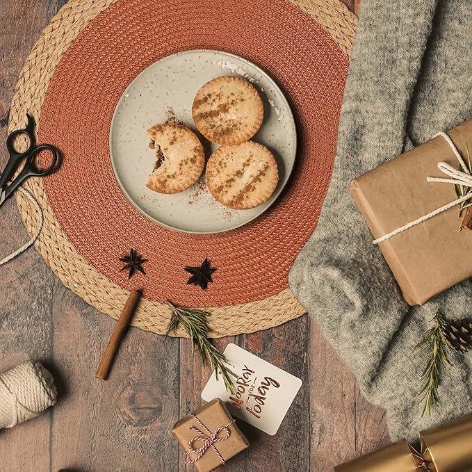 Noctiflorous Round Placemats Set of 4, 15 Inch Braided Hand Woven Table Mats, Heat Resistant Non-Slip Wipeable Wide Edge Place Mats for Kitchen Dining Indoor Outdoor Use(Dark Orange, 4)