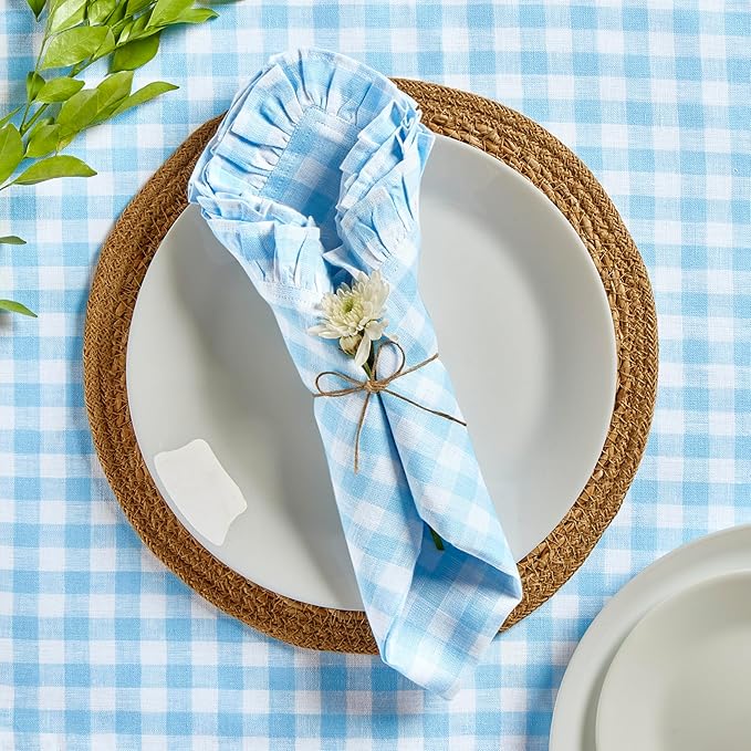 Solino Home Linen Gingham Check Dinner Napkins 20 x 20 Inch - 100% Pure Linen Blue Bell Plaid Cloth Napkins Set of 4 - Gingham Ruffle, Handcrafted and Machine Washable