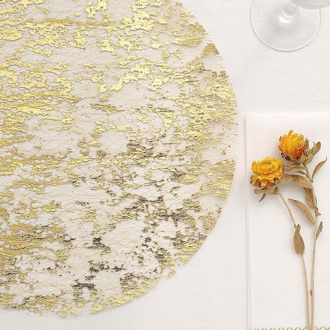 20 Pack 13" Metallic Gold Foil Placemats, Round Shiny and Durable, Disposable Mesh Table Mats for Dining and Parties