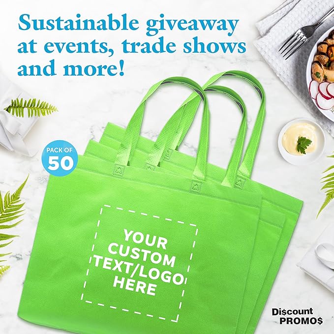 DISCOUNT PROMOS Custom Jumbo Sized Tote Bags Set of 50, Personalized Bulk Pack - Reusable Grocery Bags, Shopping Bags, Promotional Item Totes for Women - Lime Green