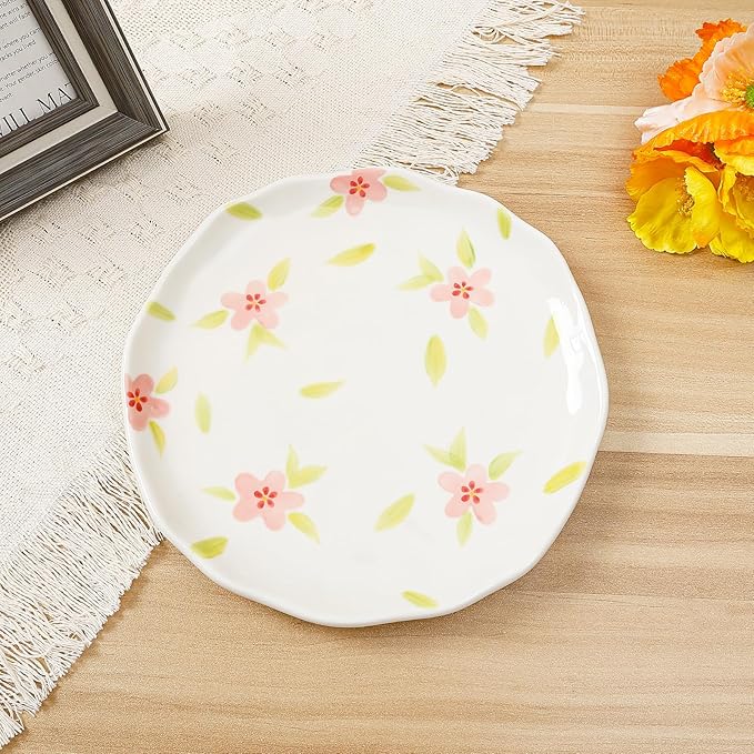 Koythin Floral Ceramic Dinner Plates, 8" Microwave Safe Dishes for Pasta, Modern Rustic Appetizer Plate for Salad Fruits Dessert Cake (Retro Pink Flower)