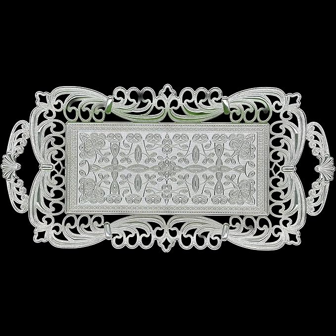 Turkish Tea Coffee Serving Tray with Handles Ottoman Decorative (Silver)