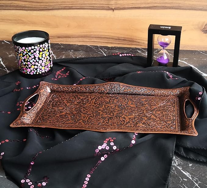 Metal Serving Tray with Raised Edges, Vintage Design Tray, Rectangular Metal Serving Tray, Decorative Serving Platter, Turkish Ottoman Coffee Tea Beverage Serving Square Tray (Aged Brown)