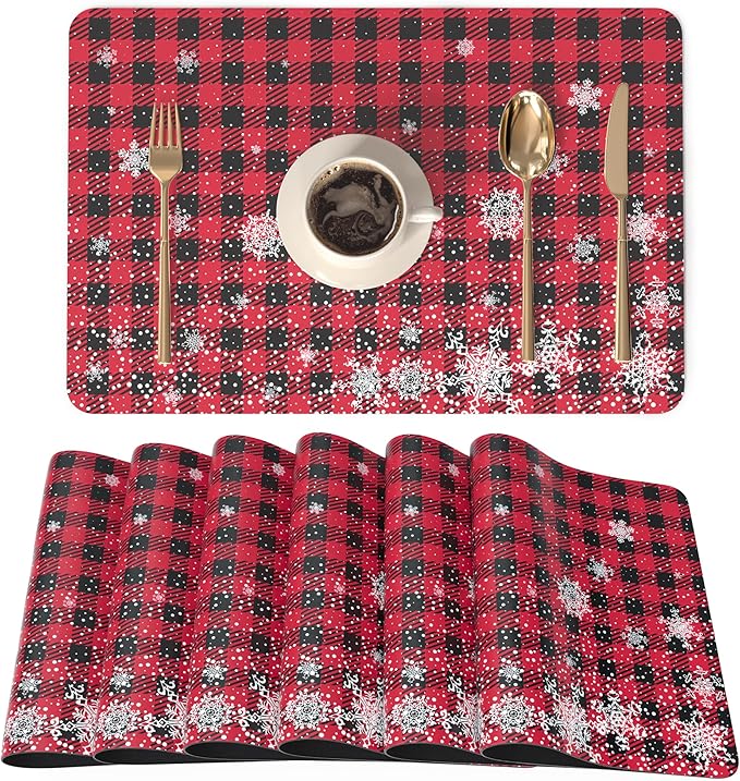 QIYI Christmas Placemats Set of 6, 12x18 Inch PU Leather Place Mats for Kitchen Dinning, Heat Resistant Anti Slip Winter Table Mats, Waterproof Wipeable Placemat Party Décor, Buffalo Plaid Snowflakes