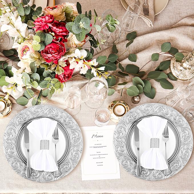 Uiifan 24 Pcs Antique Charger Plates Bulk 13'' Plastic Embossed Dinner Plate Chargers Round Floral Plates for Wedding Decorative Chargers for Table Dinner Kitchen Party Decoration (Silver)