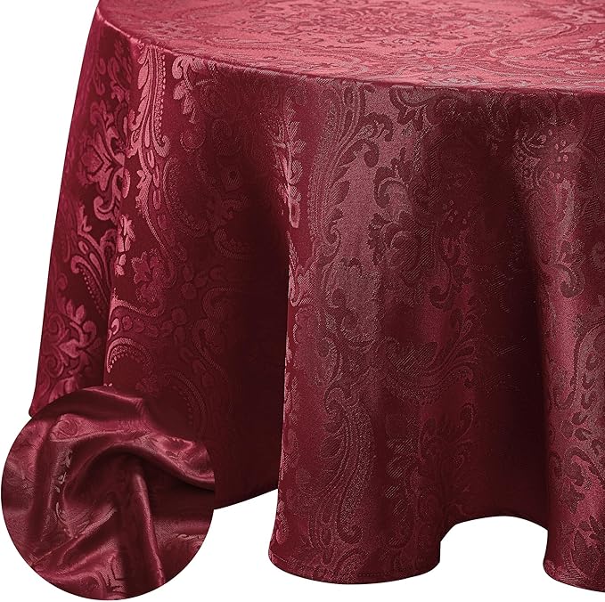 Elrene Home Fashions Caiden Elegance Damask Waterproof, Stain & Wrinkle Resistant Fabric Tablecloth, 90" Round, Cranberry