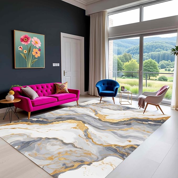 Liquid Marble Texture Design Indoor Area Rug Modern Abstract Grey White Gold Large Rugs for Living Room Bedroom Dining Room Soft Anti Slip Thin Carpet 9x12 Farmhouse Dorm Nursery Unique Floor Mats