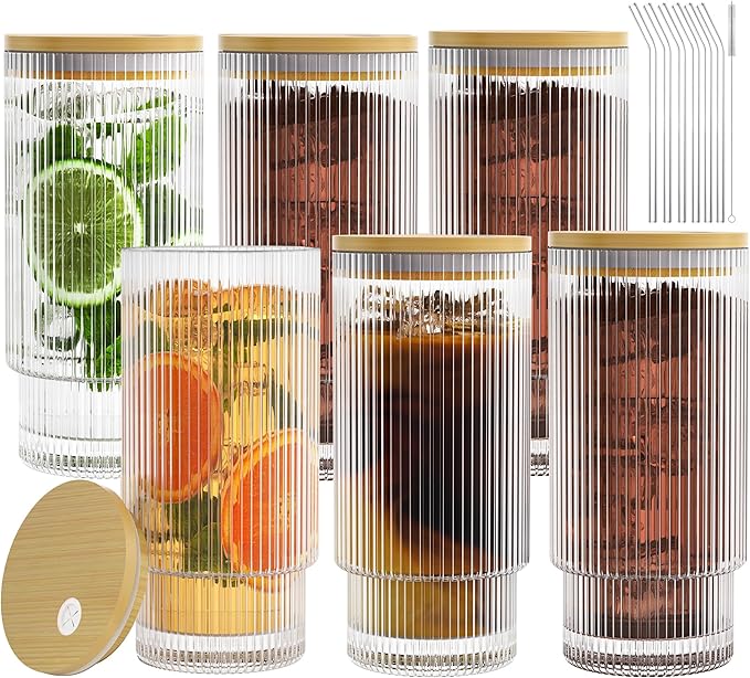 AFINSEA 16OZ Ribbed Glass Cups with Lids and Straws,Iced Coffee Cups with Bamboo Lid,Vintage Glassware for Whiskey Cocktail Beer Fruit Juice Glasses Tumbler(6 Pack)