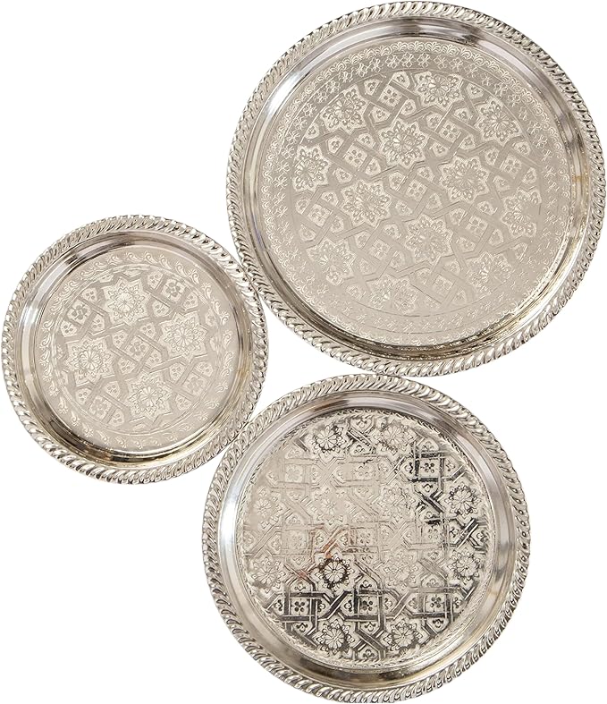 Moroccan Tea Tray Serving Cocktail Silver Handmade Fez Small Or Large Round (15 Inch)