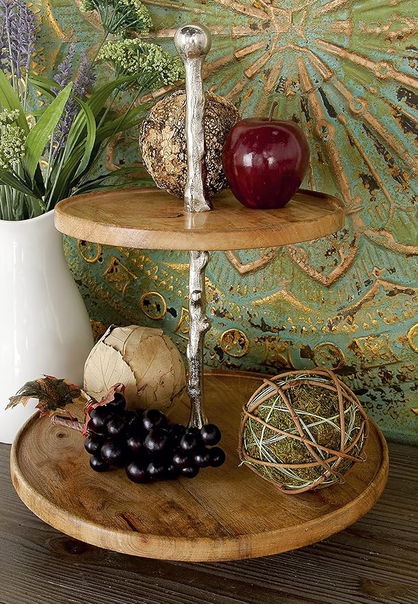 Deco 79 Mango Wood Tiered Server with Aluminum Accents, 14" x 14" x 18", Brown