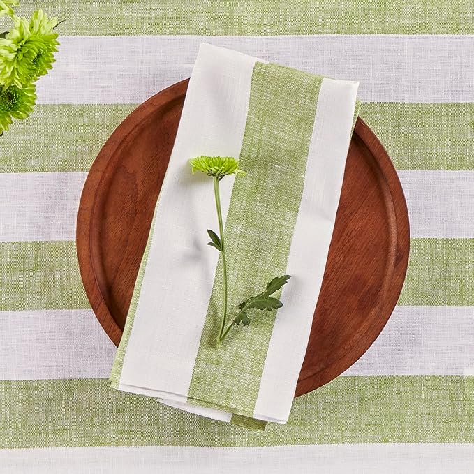 Solino Home Linen Cloth Napkins Set of 4-100% Pure Linen Green and White Striped Dinner Napkins 20 x 20 Inch for Christmas - Cabana Stripe, Handcrafted and Machine Washable
