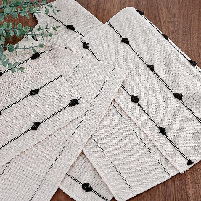 Placemats Set of 8 for Dining Table, Woven Cloth Place Mats for Modern Boho Farmhouse Kitchen Tabletop Decor, Rectangle Washable Polyester-Cotton Table Mats, Black and White Placemats, 13×17.5 inch