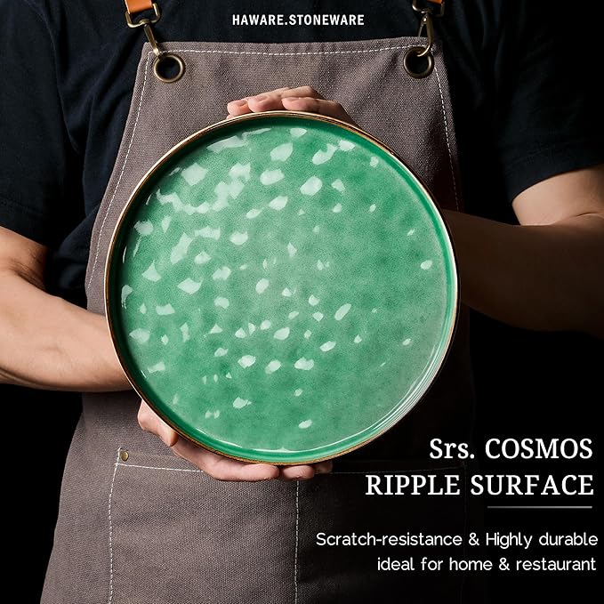 HaWare Stoneware Dinner Plates Set of 6, 10" Heavy Duty Ceramic Plate, Reactive Glaze Ripple Dinnerware for Home Restaurant, Chip and Scratch Resistant, Microwave and Dishwasher Safe, Reactive Green