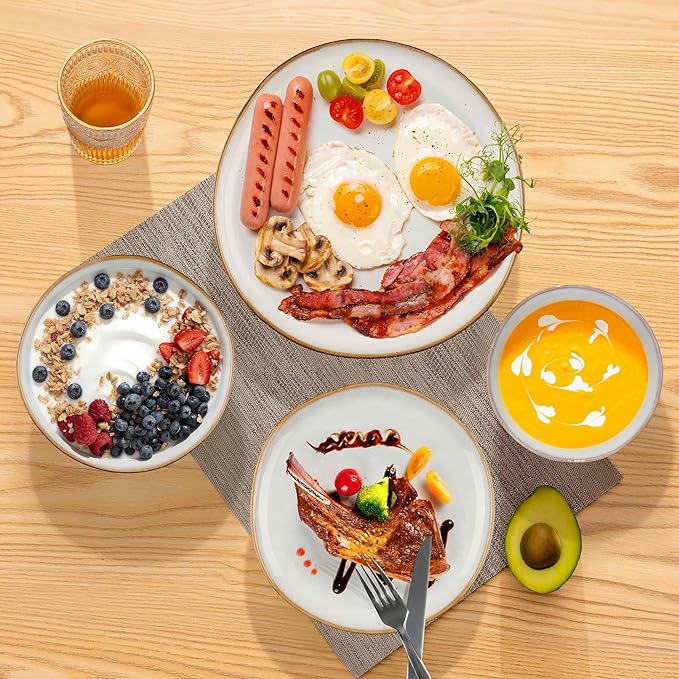 Herogo 24Pcs Plates and Bowls Dinner Set, Stoneware Dinnerware Dishes Sets for 6, Ceramic Dishware Tableware Includes Dinner Salad Plates, Soup Bowls, Microwave & Dishwasher Safe, Pearl White