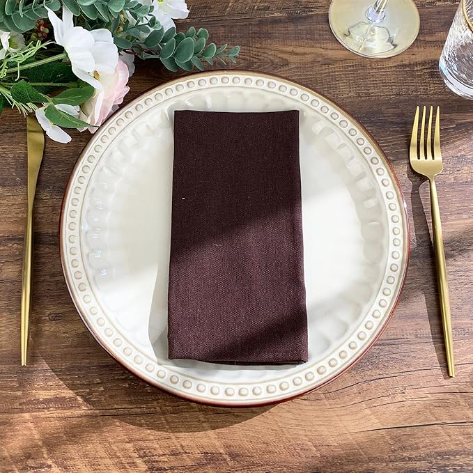 Solid Color Linen Blended Thin Dinner Cloth Napkins - Set of 12 (40 x 40 cm) - for Events & Home Use (Brown)
