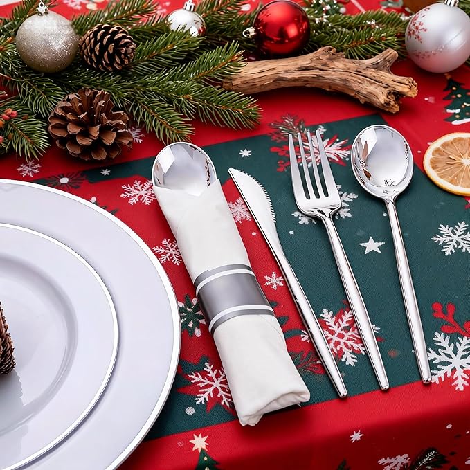 SUT 100 Pack Pre Rolled Silverware Set Disposable, 400 Pcs Silver plastic utensils Include 100 Forks, 100 Knives, 100 Spoons, 100 Napkins, Plastic Cutlery, Wrapped Silverware Set Disposable for Party