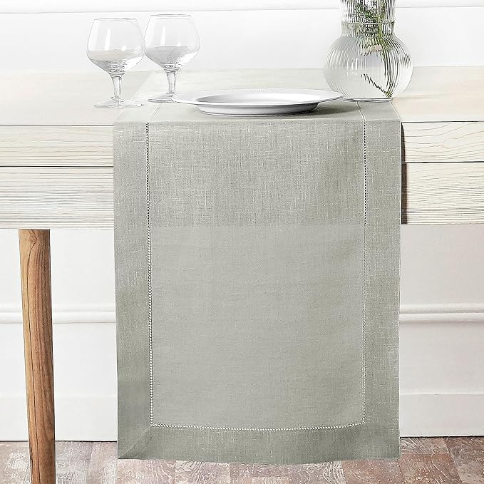 D'Moksha Homes Linen Silver Grey Table Runner 90 Inches Long - Classic Hemstitch 100% Pure Linen Dining Table Runner 14 x 90 Inch for Winter, Christmas, Holiday, New Year