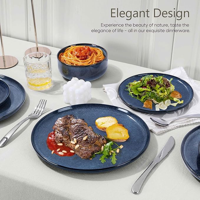 Herogo Dinnerware Sets with Pasta Bowls for 4, 16 Piece Dinner Salad Plates and Cereal Serving Bowls, Stoneware Dishes Dinner Ware for Home Kitchen, Dishwasher & Microwave Safe, Starry Blue