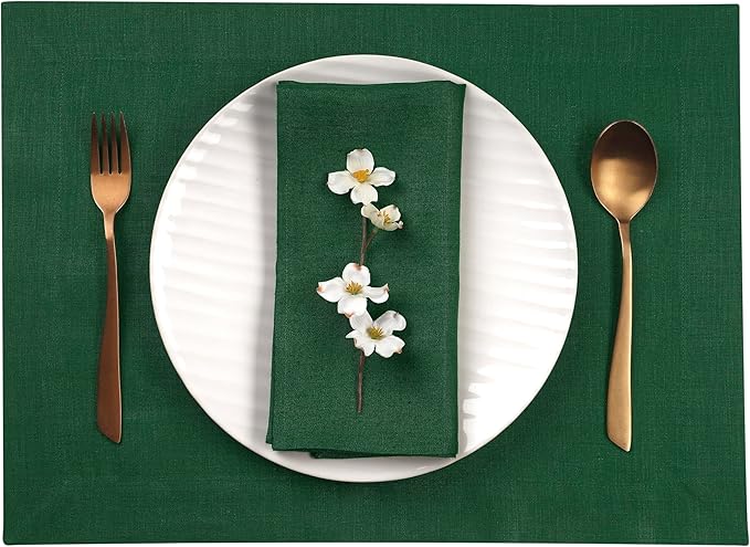 D'Moksha Homes Linen Forest Green Placemats Set of 4-100% Pure Linen Placemats 14 x 19 Inch for Winter, Christmas, Holiday, New Year - Handcrafted and Machine Washable