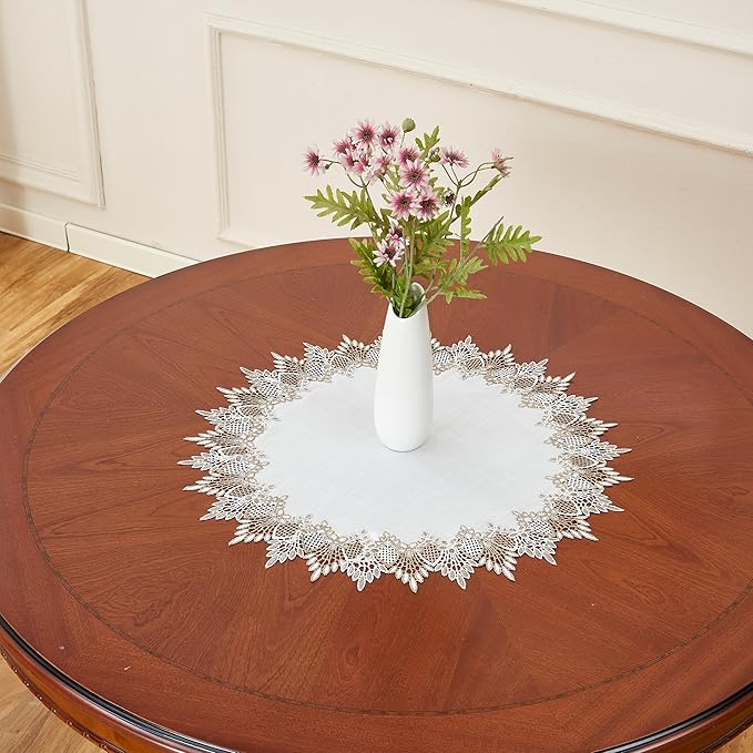 White Linen Doily 24 inches Round Neutral Earth Tones Beige Lace Coffee Table Topper Dresser Scarf Place Mats (White, 24” Round)