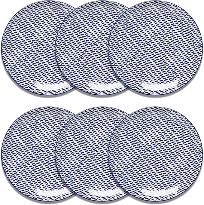Now Designs Blue Dash Porcelain Stamped Appetizer Plate, 6 inch, Set of 6
