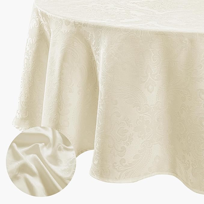 ELRENE HOME FASHIONS Caiden Elegance Damask Waterproof, Stain & Wrinkle Resistant Fabric Tablecloth, 90" Round, Ivory (Pack of 12)