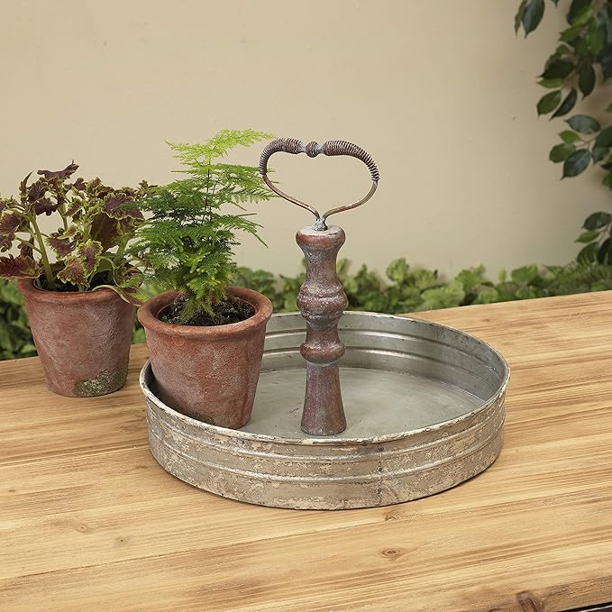 12 Inch Round Farmhouse Style Rustic Galvanized Metal Serving Tray with Handle Kitchen Display Serveware
