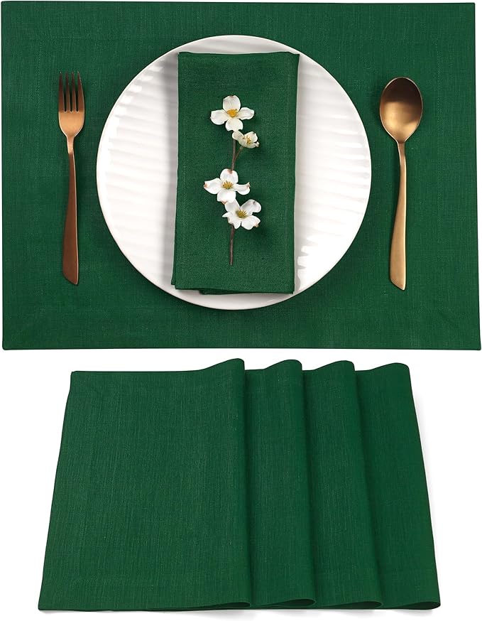 D'Moksha Homes Linen Forest Green Placemats Set of 4-100% Pure Linen Placemats 14 x 19 Inch for Winter, Christmas, Holiday, New Year - Handcrafted and Machine Washable