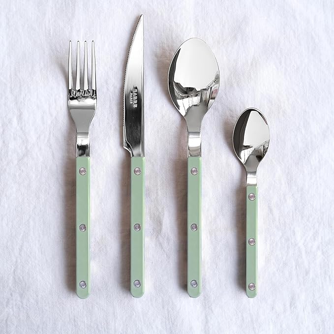 SABRE PARIS - 5-Piece Flatware Set - Bistrot Collection - Knife, Fork, Soup Spoon, Teaspoon & Dessert Fork - Stainless Steel & Nylon - Dishwasher Safe - Asparagus - Brilliant Finish