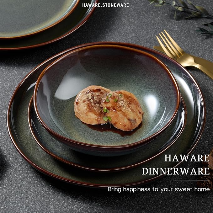 HaWare Plates and Bowls Set, Stoneware Dinnerware Sets, 16-Piece Hand-painted Dishware for 4, Ceramic Dish Set for Home Kitchen, Scratch Resistant, Microwave and Dishwasher Safe, Reactive Moss Green