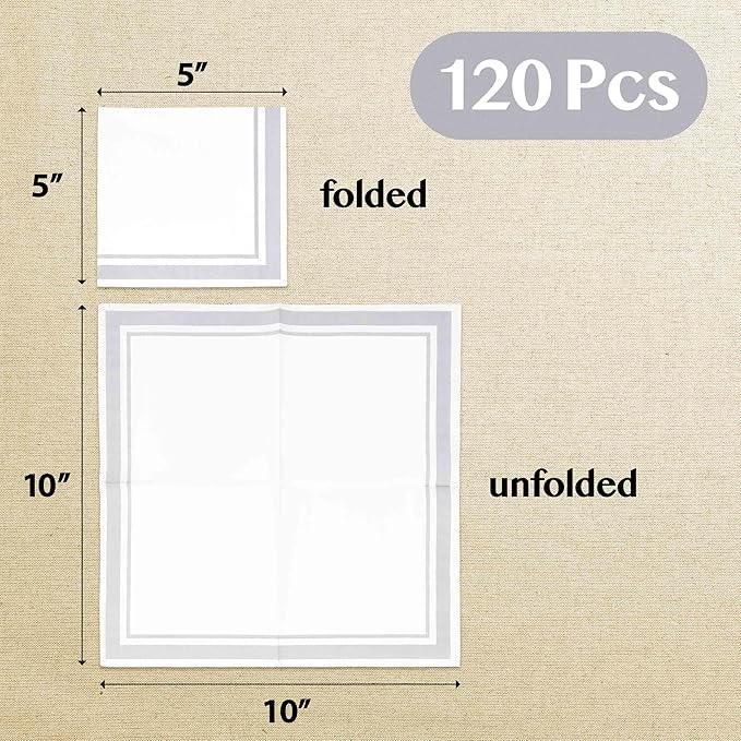 Gift Boutique Gray and White Cocktail Napkins – 120 Pack 5 x 5 Inch 3-Ply Disposable Lined Beverage Napkins for Parties, Weddings, Anniversaries, Events, and Special Occasions
